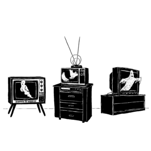 Black and white illustration of three different outdated TV sets in a row, each with a ghost or two appearing to fly out of the screen.
