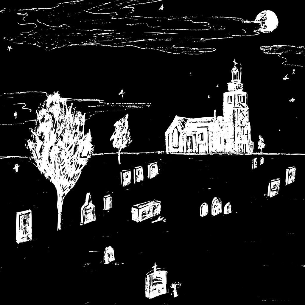 White illustration on a black background showing a church graveyard, with a few trees here and there and the church in the background. There are clouds in the sky and there's a full moon. Text: Episode 198: The Hammersmith Ghost. Criminal.