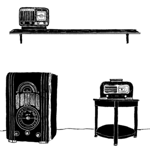 A black and white illustration of three different radios. One sits on a floor on the left, a smaller one sits on a shelf, and another sits on a table on the right.