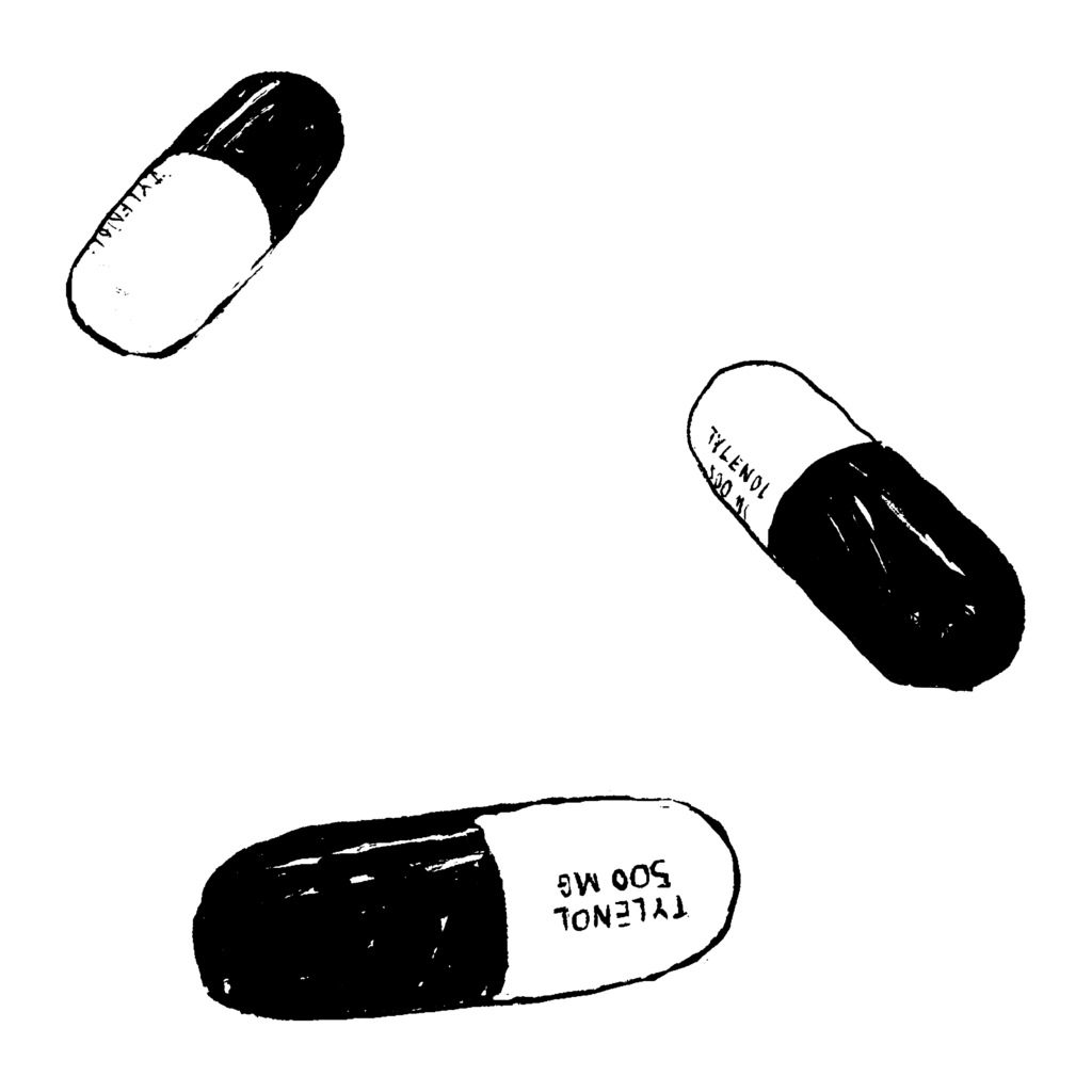 A black and white illustration of three pill capsules. They are half black, half white and are labeled as 500 MG.