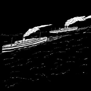Black and white illustration of two 20th century steamboats.