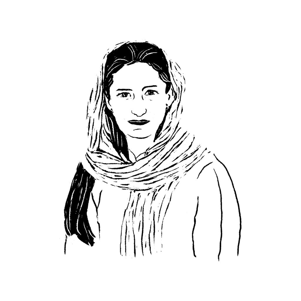 Black and white illustration of a woman wearing a headscarf. Her black hair is draped over her right shoulder.