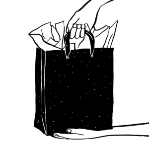 An illustration of two hands holding a gift bag-style bag that holds a container of cremated human remains.