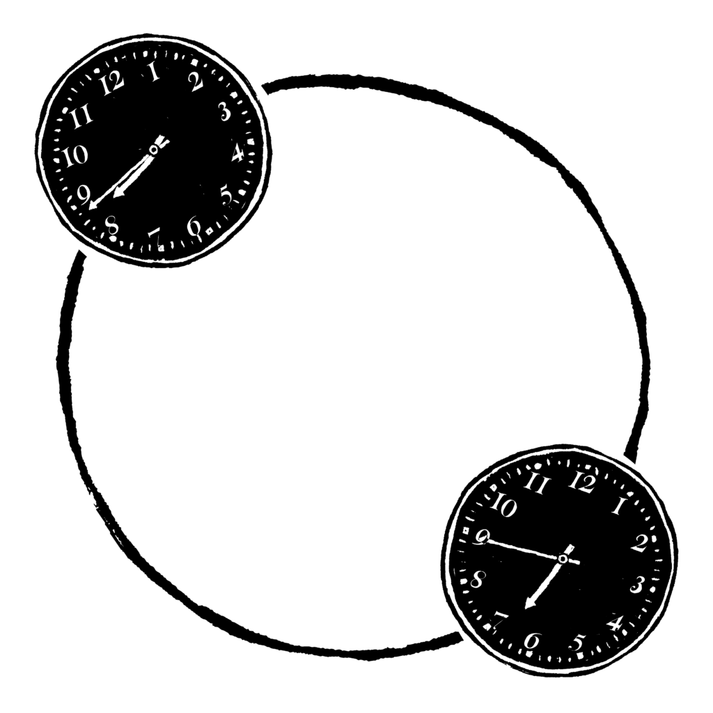 Black and white illustration of two clock faces. The clock faces are black and they are sitting across from each other on a black circle.