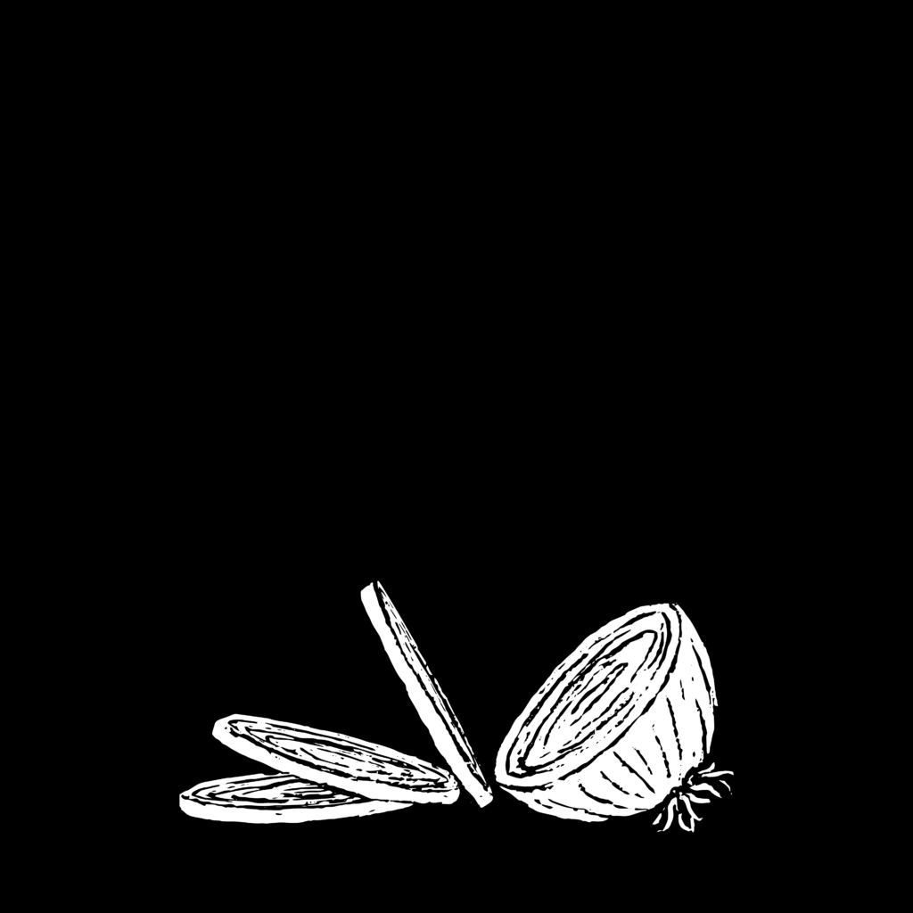 A black and white illustration of an onion. It is cut into a few round slices.