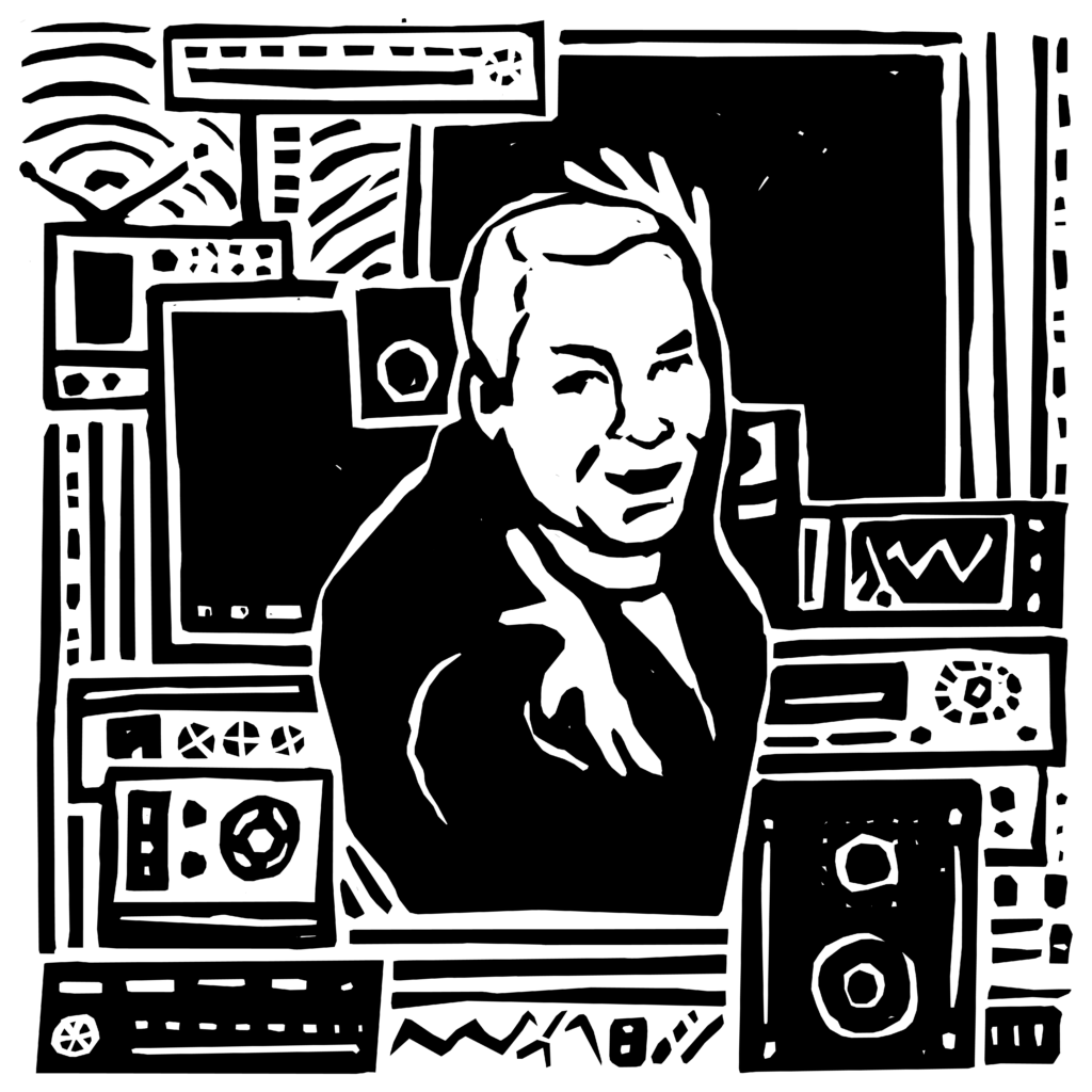 A black and white illustration of a man surrounded by electronics. He has his arms up and hands out.