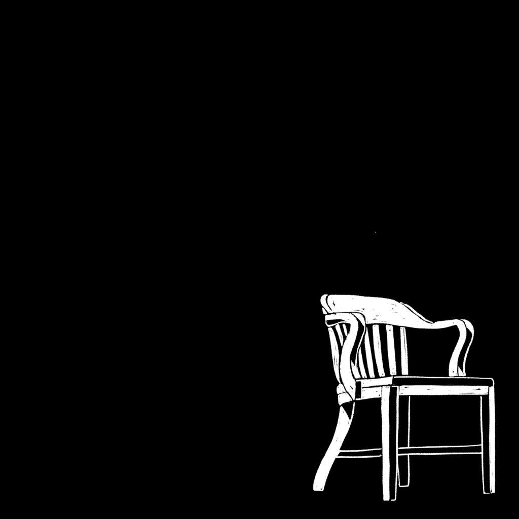 Black and white illustration of an empty wooden chair.