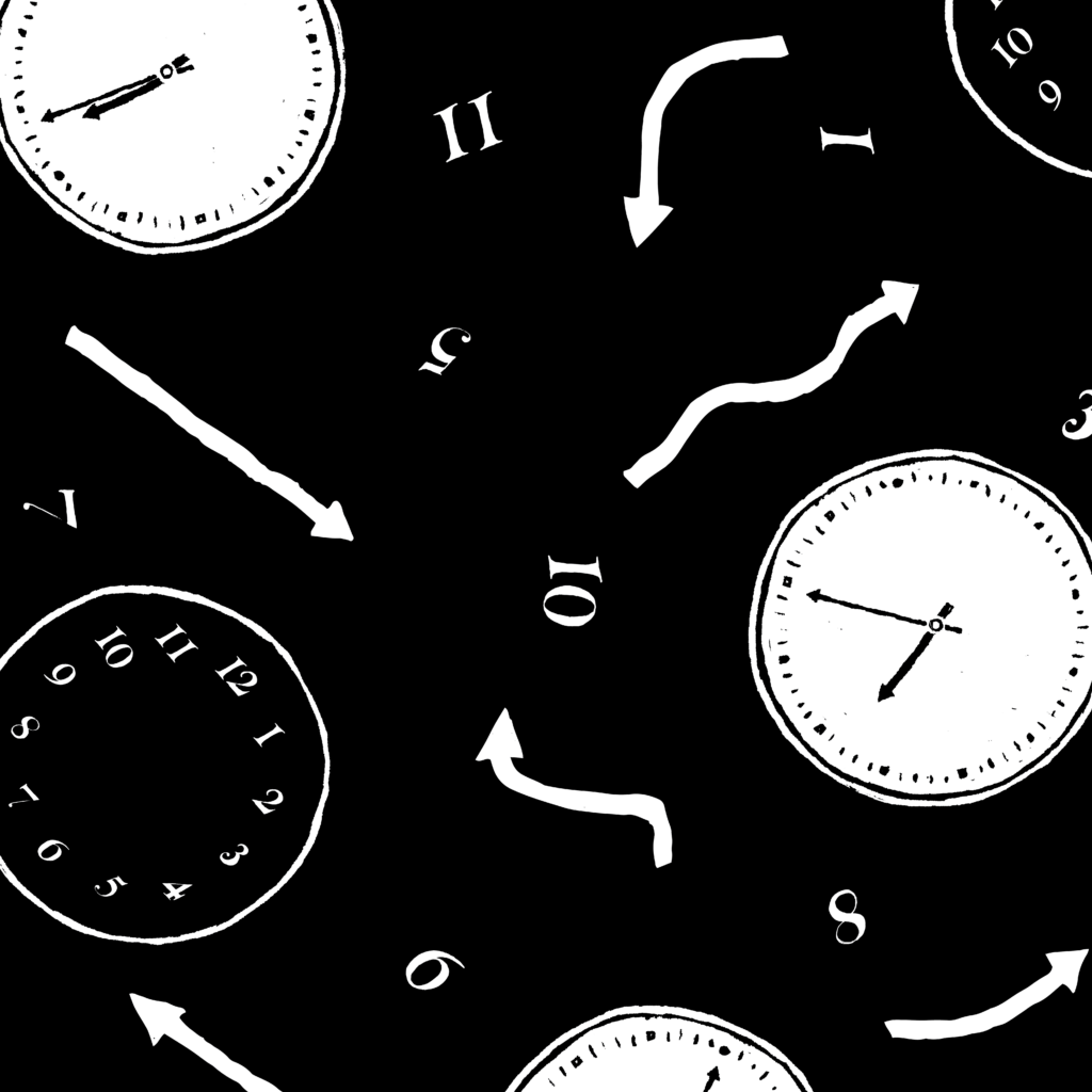 A black and white illustration of three clocks and several clock hands. There are white numbers on a black background and all of the clocks say different times.