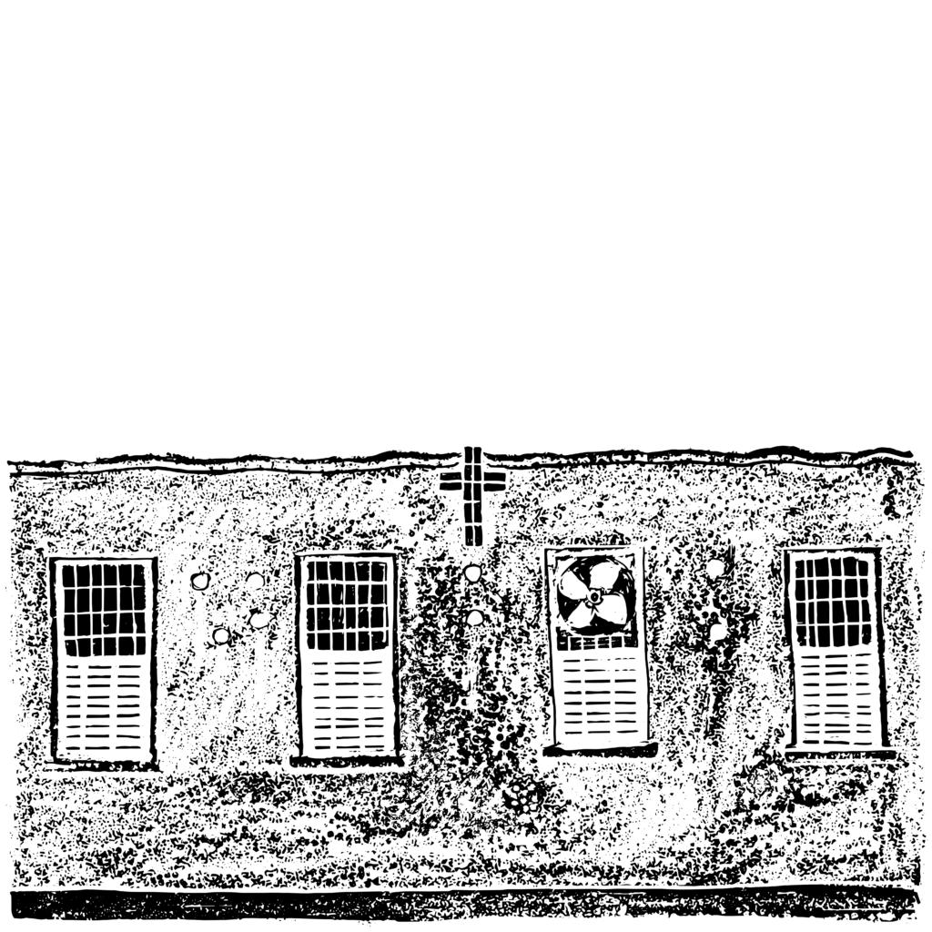 A black and white illustration of a tall wall with four barred windows - one has a fan in it. There is a cross embedded into the top of the wall.