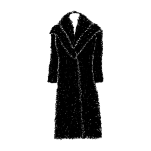 A black and white illustrated image of a long fur coat.