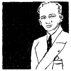 Black and white illustration of Benjamin Ferencz, wearing a suit and tie.