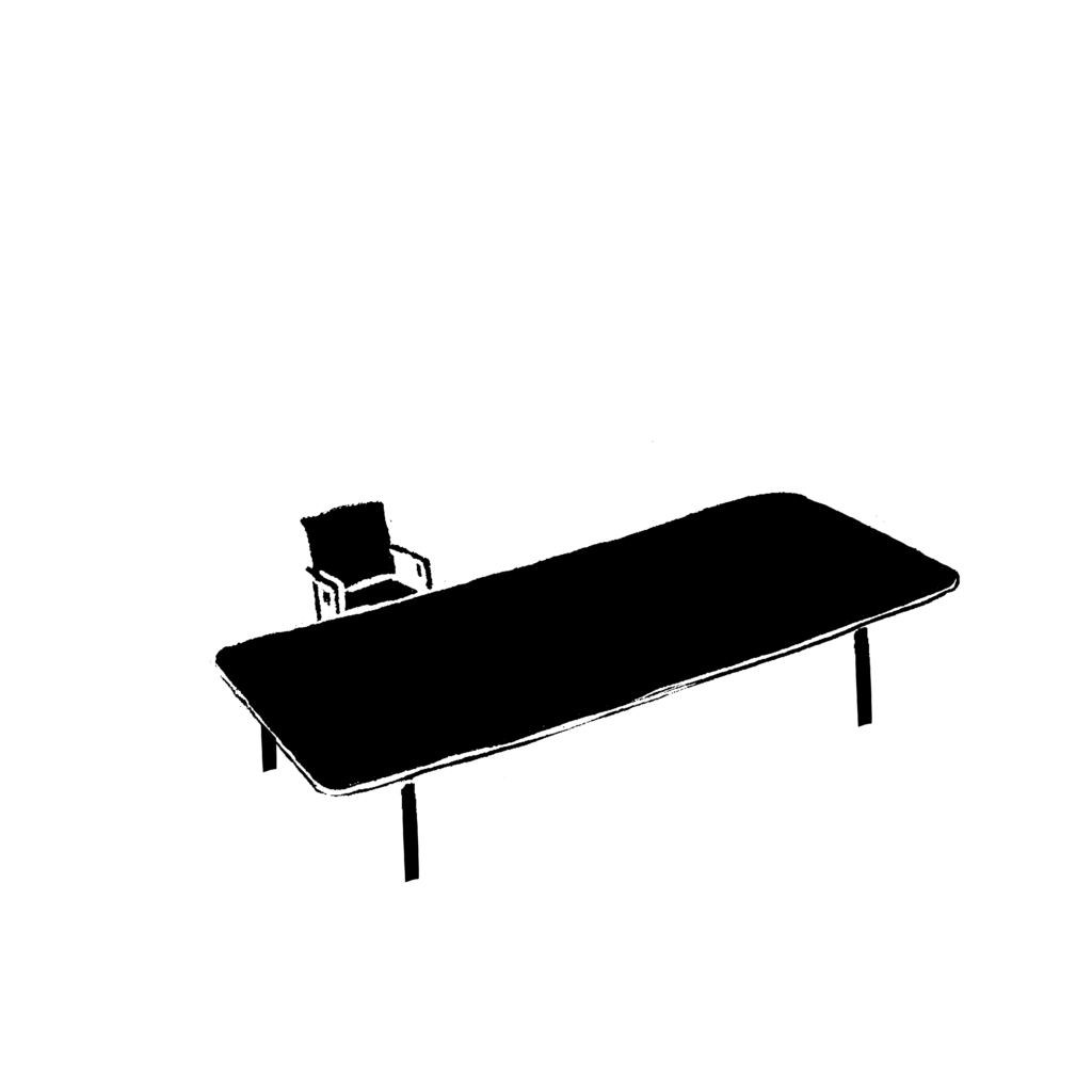Black and white digital illustration of a long table with only one chair -- representing a jury deliberation table and the experience of each individual juror after a trial.