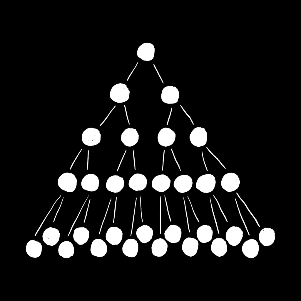Black and white illustration of a pyramid shape composed of dots connected by lines.