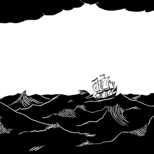 Black and white illustration of a ship on a rough and stormy ocean, with dark clouds overhead.
