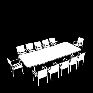 A black and white illustration of a long rectangular conference room table with 12 chairs around it.