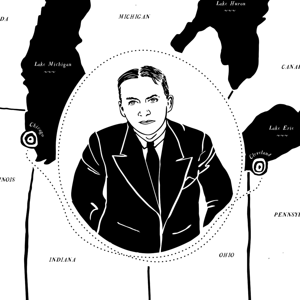 A black and white illustration of Eliot Ness on top of a map of the midwest, with a dotted line drawn from Cleveland to Chicago.