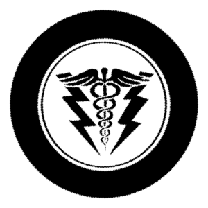 Black and white illustration of a circular paramedic badge, with a the medical symbol of a caduceus, a staff with two snakes coiled around it, and two lightning bolts on either side. Text reads: Criminal, Episode 222: The Paramedics.
