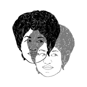 A black and white doubled illustration of Aretha Franklin.