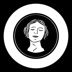 A black and white illustration of a woman's head and neck. Her eyes are closed and she is smiling slightly. She is on a black background with a white circle drawn around her.