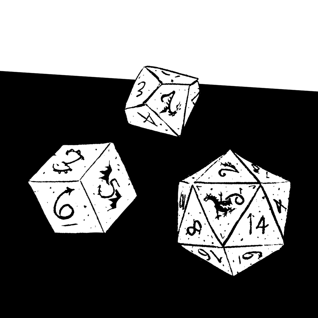 Black and white illustration of three Dungeons & Dragons dice.