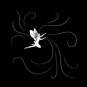 Drawing of a flying fairy with hands raised in front of her, and white swirly lines around her, on a black background.