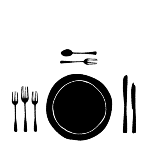 A black and white illustration of a table setting, with a plate in the middle, three forks on the left, a spoon and fork above the plate, and two knives on the right.