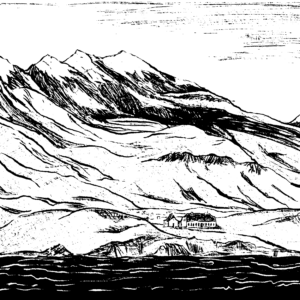 A black and white illustration of a coastline with mountains rising up and a small house in front of them.
