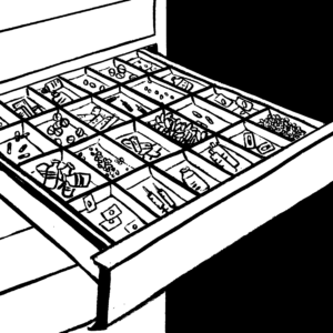 Black and white illustration of an open drawer with compartments filled with various types of medicine, including vials and pills.