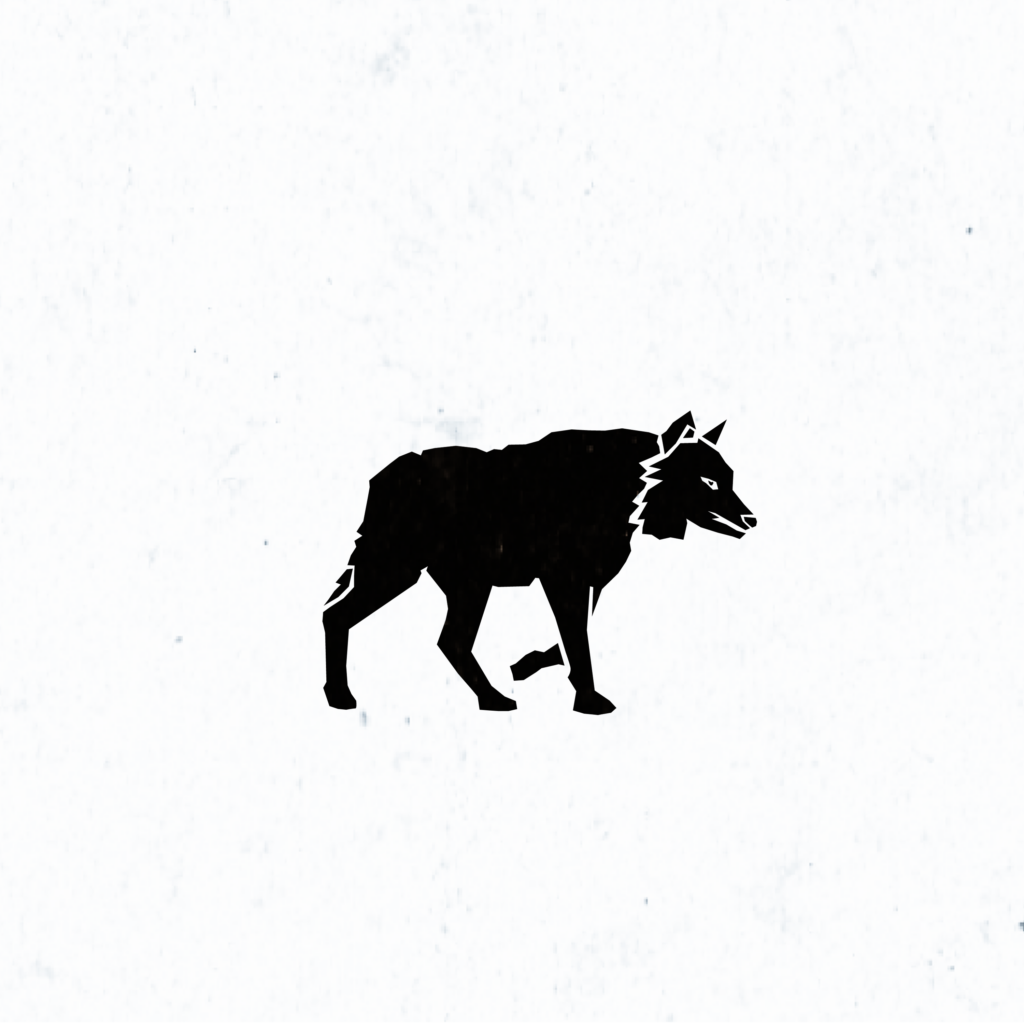 Black and white illustration of a wolf in profile, walking.