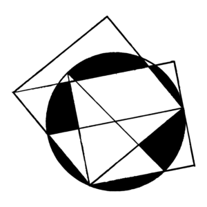 An abstract black and white illustration of overlapping geometrical shapes.