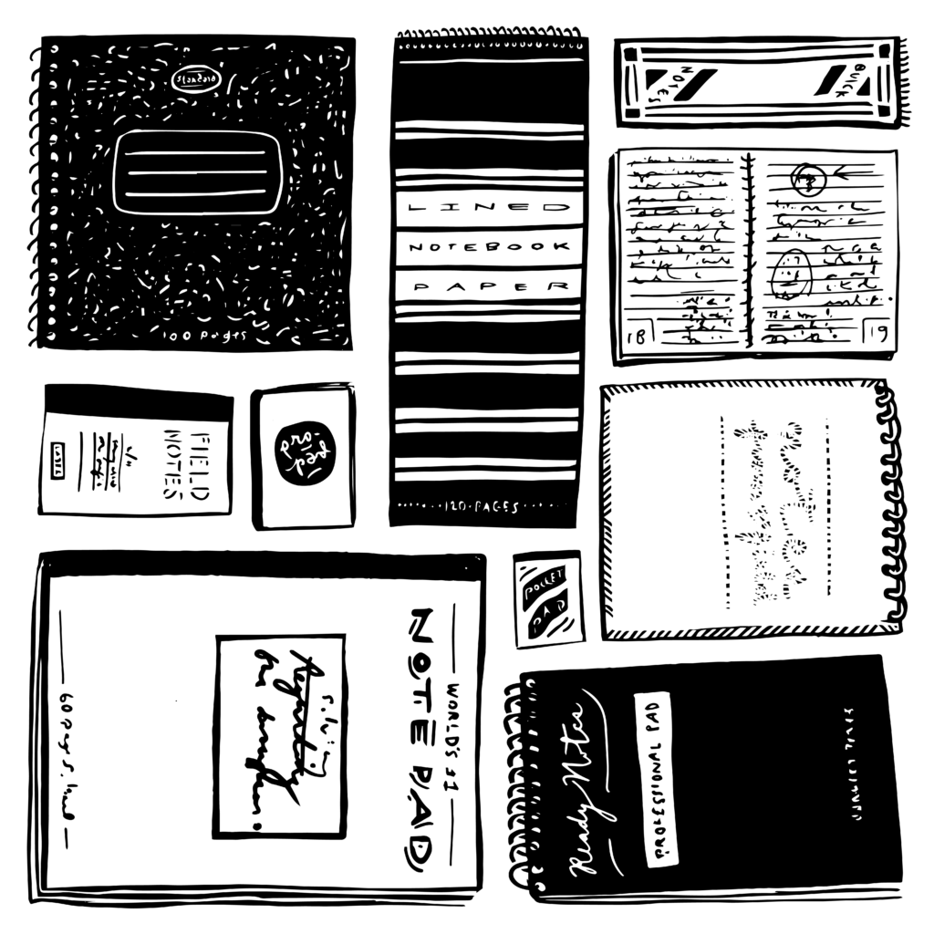 Black and white illustration of several notebooks laying flat.