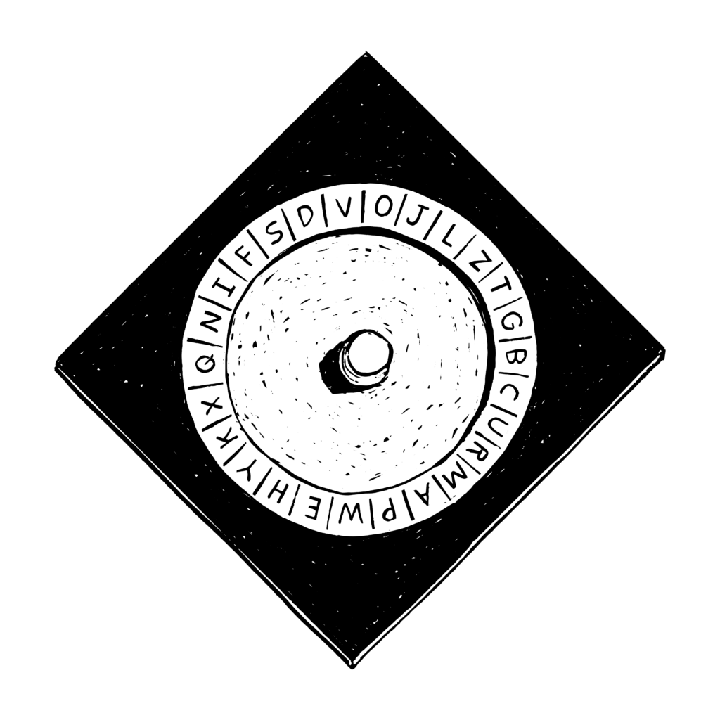 Black and white digital illustration of a homemade Ouija board. The board is a black square with a white circle in the middle. Along the edge of the circle are letters that look handwritten. In the middle of the board is a drinking glass, turned upside down.