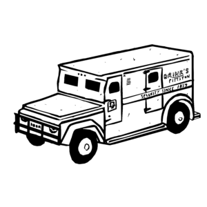 Black and white drawing of a Brink's armored truck