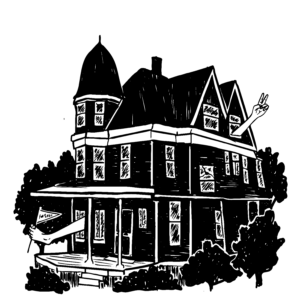 Black and white illustration of an old Victorian-style house with bushes and trees around it. One of the windows appears to have a crack in it. A large arm is sticking out of one of the top windows and making a peace sign gesture. A large leg is sticking out of one of the bottom windows and its toes are holding a triangular flag that reads “for Sale.”