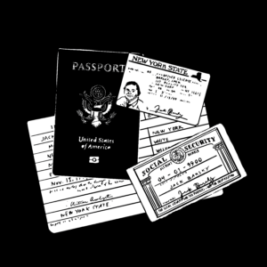 Black and white illustration of U.S. documents in a messy pile. They include a New York State Drivers' license with a signature that reads "Jack Barsky," a Social Security care with the "Jack Barsky" signature, a U.S. Passport, and a birth certificate.