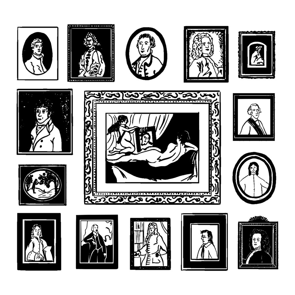 Black and white digital illustration of a gallery wall with many different framed paintings. In the middle, there's a painting of a naked woman. The other paintings are portraits of men.