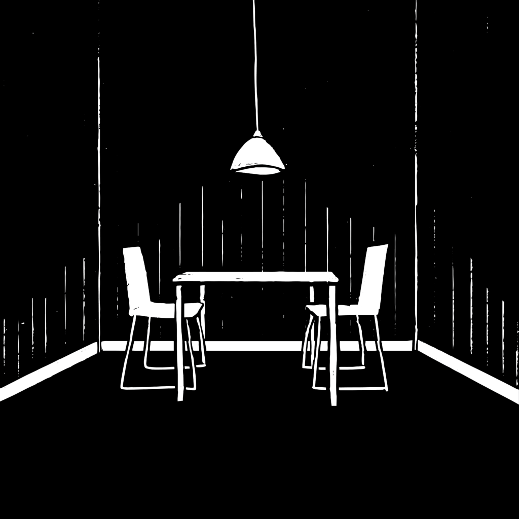 Black and white sketch of a small room with a table and two chairs, one on either side, across from each other. An overhead light hangs from the ceiling above and illuminates the table and chairs.