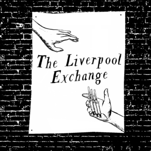 Black and white illustration of a poster tacked onto a brick wall. On the poster, one hand reaches down from the upper left and another reaches up from the bottom right, three clean unused syringes in the open palm. Between the hands, large text reads "The Liverpool Exchange."