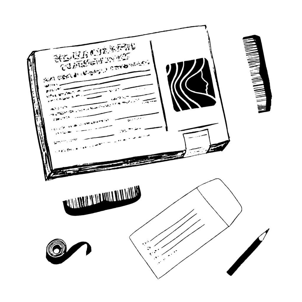 Black and white digital illustration of a small cardboard box with items scattered around it: two combs, an envelope, a pencil and a roll of tape.