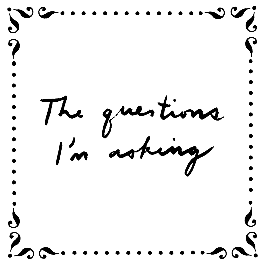 In the center, on a white background, is black handwritten text in cursive that reads: The questions I'm asking. Bordering the image are black dots and question marks.