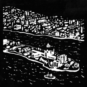 Black and white digital illustration of the tip of an island. On the island, there’s several large buildings and trees. Across the water from the island is a city with many buildings. There are a couple of boats in the water.