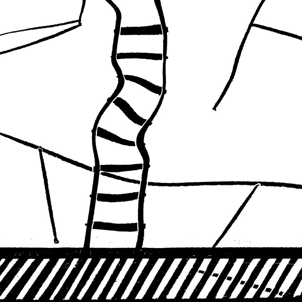 A black and white abstract illustration of a twisted, melted fire escape ladder and platform.