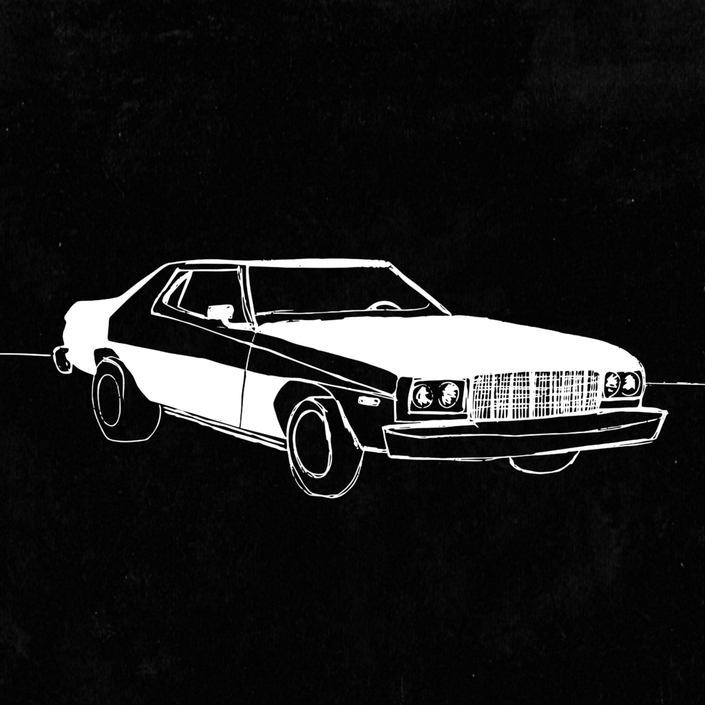 Black and white illustration of a Ford Torino at an angle with the hood facing to the right.