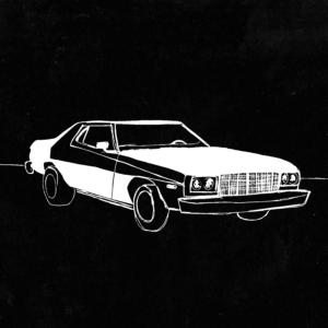 Black and white illustration of a Ford Torino at an angle with the hood facing to the right.