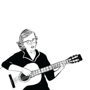 Black and white illustration of a woman with cat-eye shaped glasses and a short bob playing guitar in a collared dress.