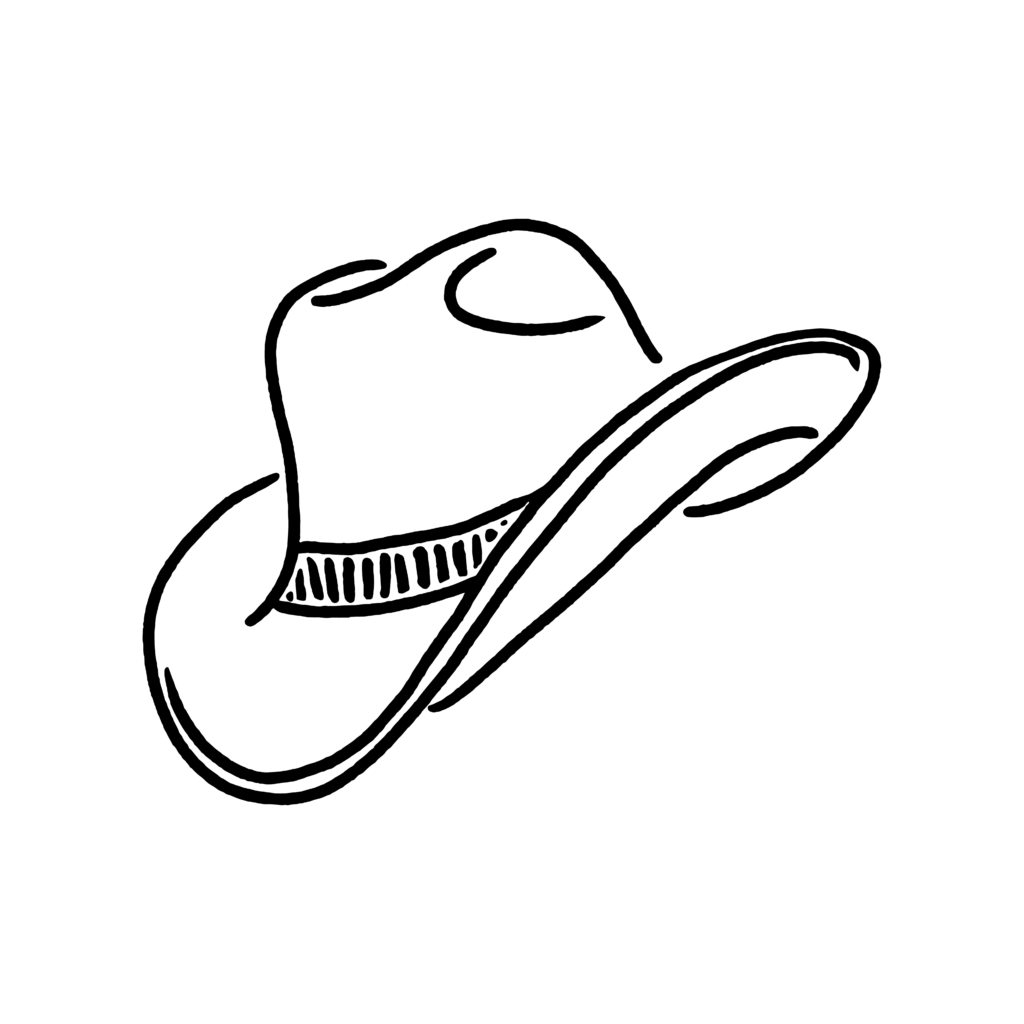 Black and white illustration of a cowboy hat at an angle.