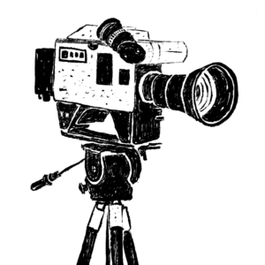 Black and white illustration of a news camera on a tripod.