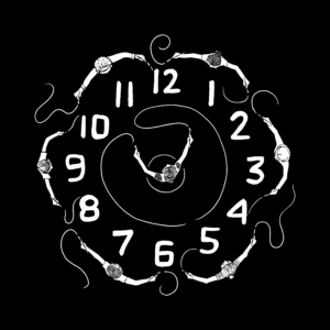 A black and white illustration of a watch dial face. In the center of the watch, and around the outside, are women seen from overhead with their arms outstretched, holding paintbrushes and painting.