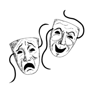 Black and white digital illustration of two theater masks. One mask is smiling but its eyebrows are at an angle that makes it look a bit sinister. The other mask has a downturned mouth and it looks sad or scared.