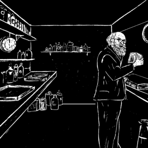Black and white digital illustration of an elderly man with a beard standing in a darkroom. There are counters and shelves holding a variety of bottles and chemical solutions. The man is wearing glasses, a jacket and pants, standing by a counter on the right side of the image, and holding an open passport. He looks sideways over his right shoulder towards the viewer.